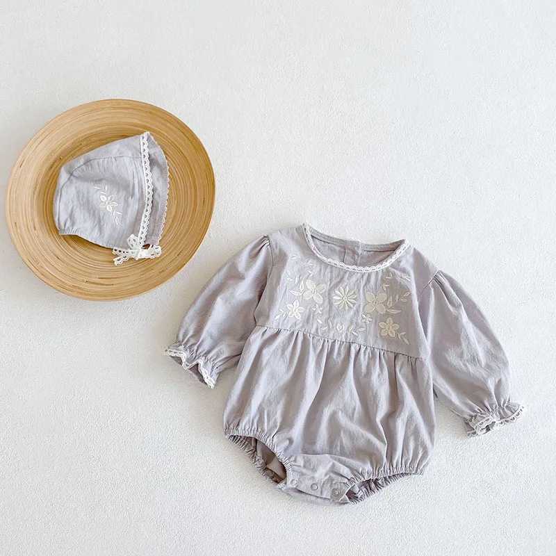 Clothing Sets Spring New Baby Bodysuits Toddler Clothes Embroidey Girls One Piece With Hat Toddler Outfit H240429