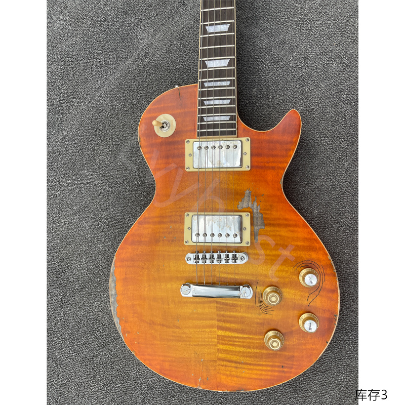 Kous! Elektrische gitaar Oranje vlam Burst Top relikwie met speciale scheurlijnen kop verouderde lijn niet echte scheurlijnen Chrome onderdelen kleine pinbrug