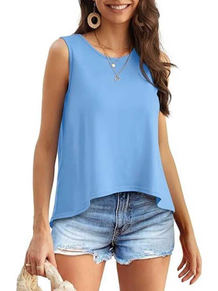 Women's Blouses Shirts Women Summer Y2K Style Blouses Shirts Lady Casual Slveless O-Neck Split Solid Color Crop Tank Tops Y240426