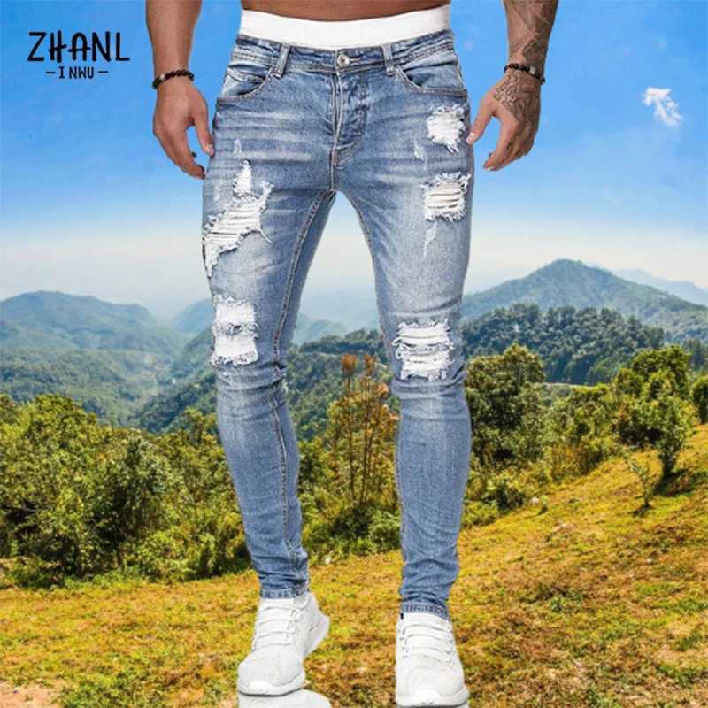 Jeans masculins décontracté jeans Business ultra-mince pantalon de crayon élastique saisonnier Street Torn Running Q240427