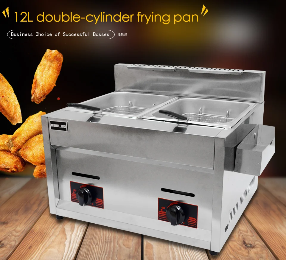 Fryer à gaz commercial 6lx2 Machine en acier inoxydable profond Deux réservoirs à double tamis poulet / cuisine française Restaurant aliments 0429