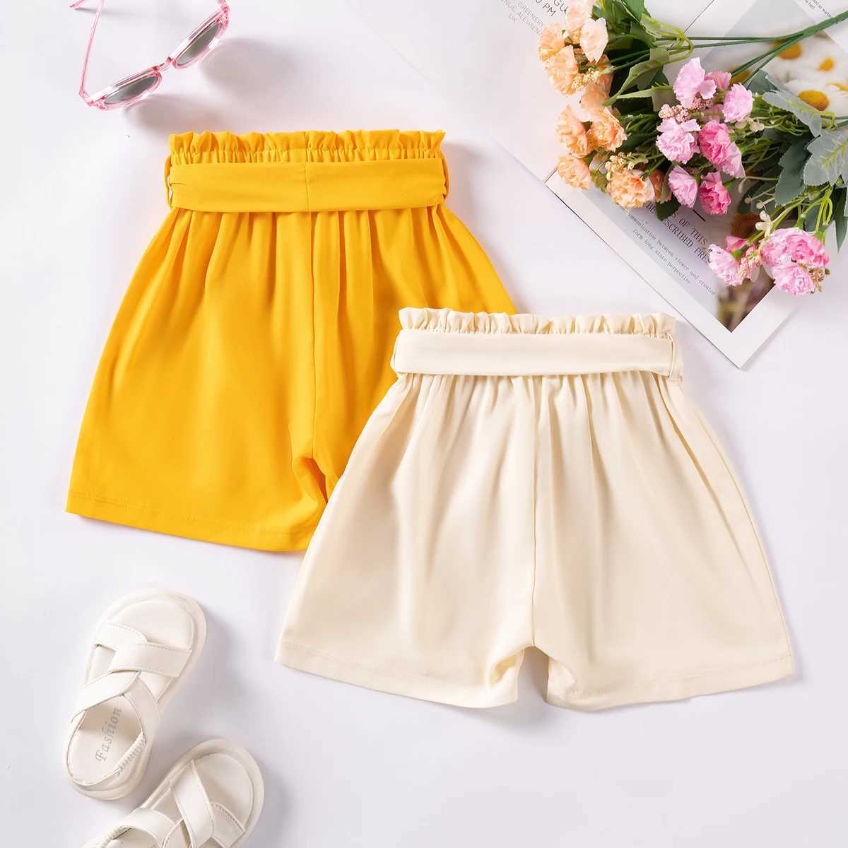 Shorts Summer Girls Shorts 2-Piece Combo Pack Solid Fashion Elastic Midje Shorts Belt Bow Decoration Toddler Versatile Casual Shorts H240509