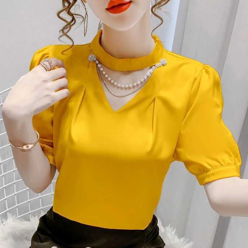 Women's Blouses Shirts Women Summer Style Blouses Shirts Lady Fashion Casual Puff Short Slve O-Neck Solid Pearl Blouses Tops WY0227 Y240426