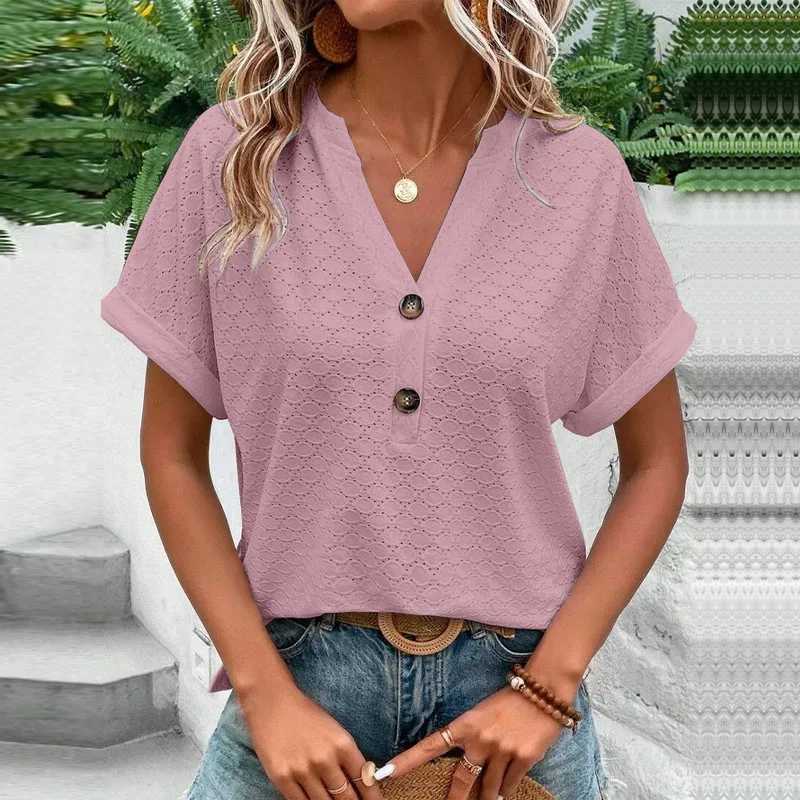 Women's Blouses Shirts 2023 New Womens Shirt Casual Jacquard Button V-neck Solid Loose Shirt Summer Short Sleve Extra Large Top Womens Y240426