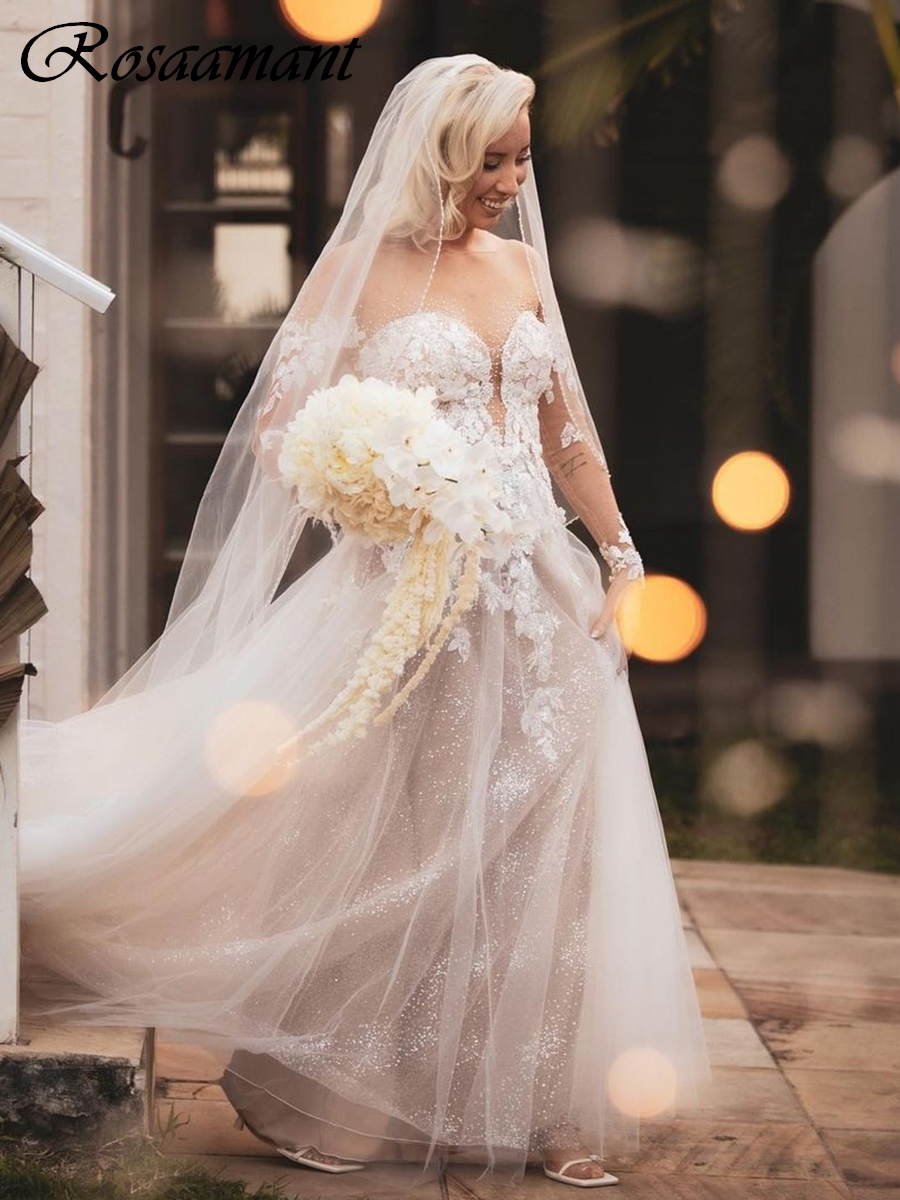 Glitter Crystal Illusion A-Line trouwjurken met lange mouwen Open Appliques Lace Bridal Jurys Robe de Mariee