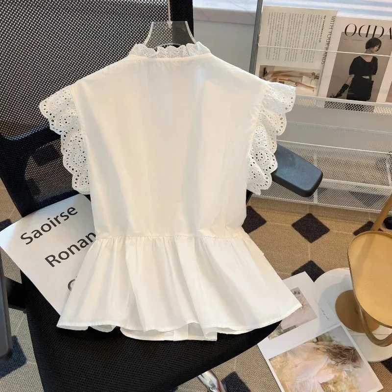 Womens Flying Slve Blouse White Shirts Vintage Slveless Ruffled Lace Tops Elegant Casual Swt Clothes Summer 27709 Y240426