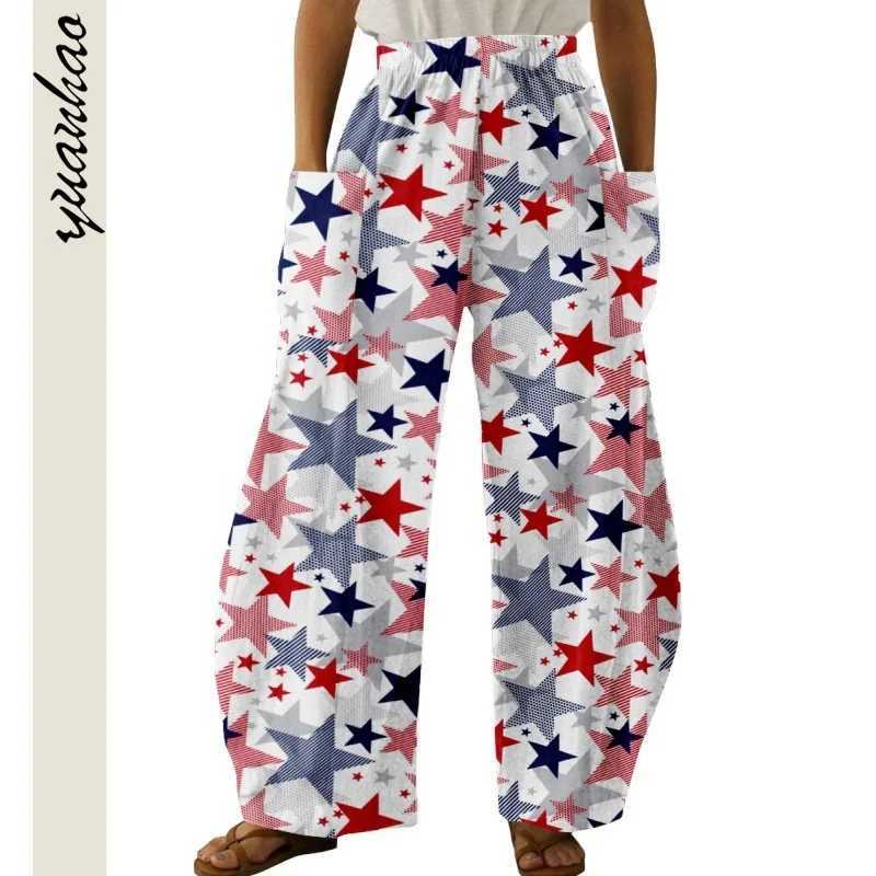 Spodnie damskie Capris American Flag Stripe Star Print Pants Fashion Kobiety Summer Big Direuse Strtwear Graphic Spoders Retro Lady Ubranie Dropshipping Y240429