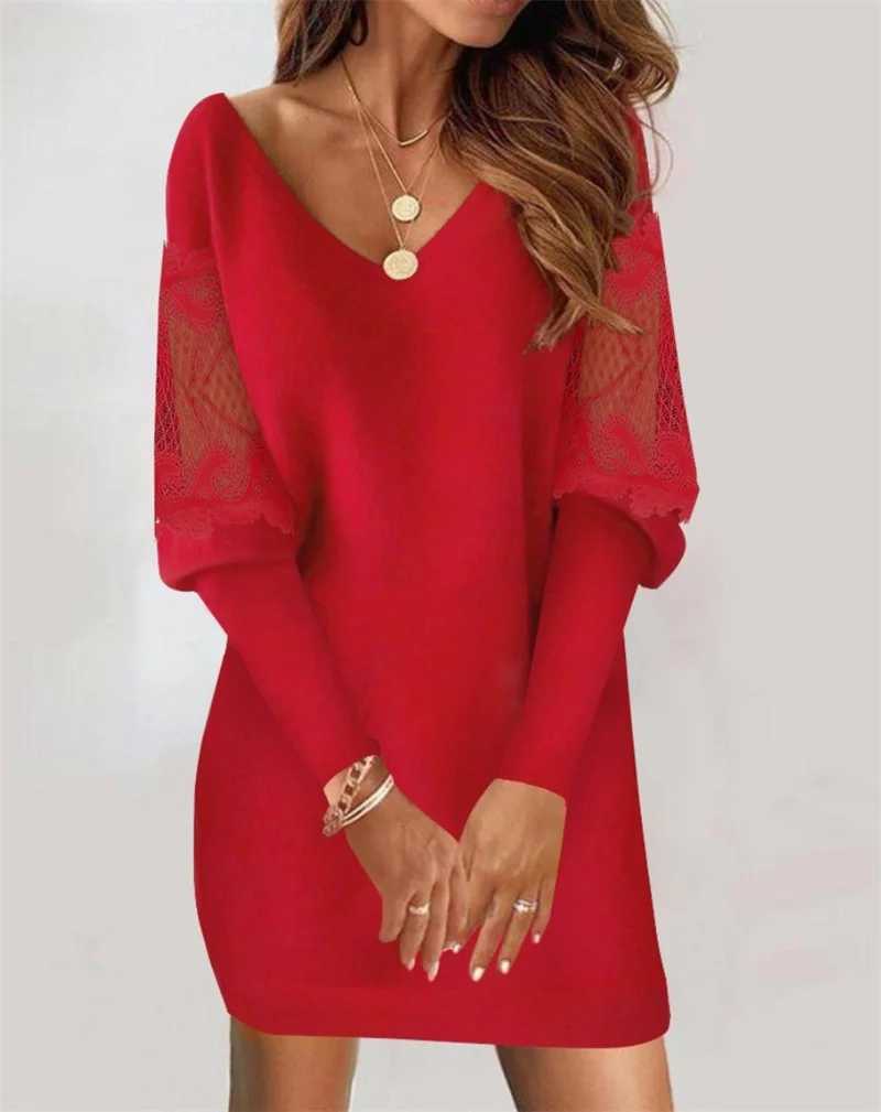 Grundläggande avslappnade klänningar S-Through Mesh Lantern Slve Dress Female Loose V Neck Pullover Dresses Pendlare Kvinnor SPLICING LACE ELEGANT GOWN STRTWEAR Y240429