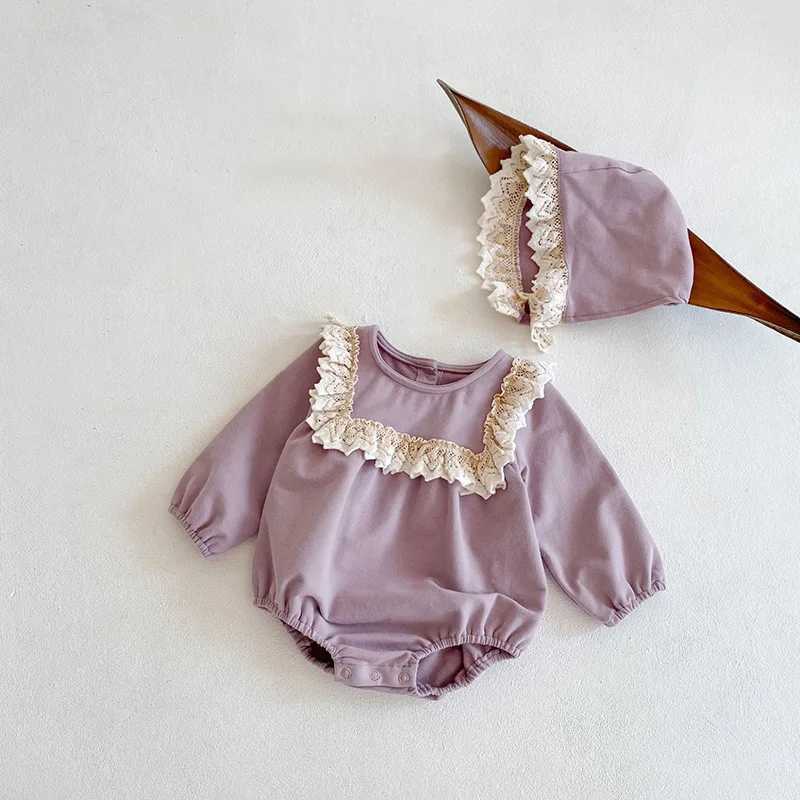 Rompers Spring Baby Girls Clothes Ruffle Toddar Girl One Piece Spädbarnsdräkt med Hat H240509