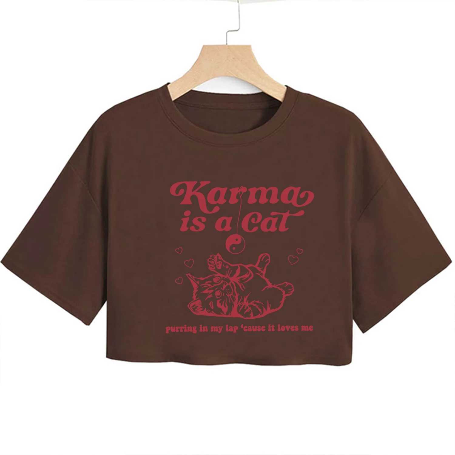 Men's T-Shirts Karma is a midnight cat with a printed O-neck short sleeves crop top short navy blue 90S sexy Harajuku fashion casual womens Y2KL2403