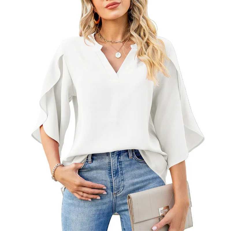 Women's Blouses shirts vrouwen zomerstijl chiffon blouses shirts dame casual korte flare slev v-neck losse blouse tops y240426