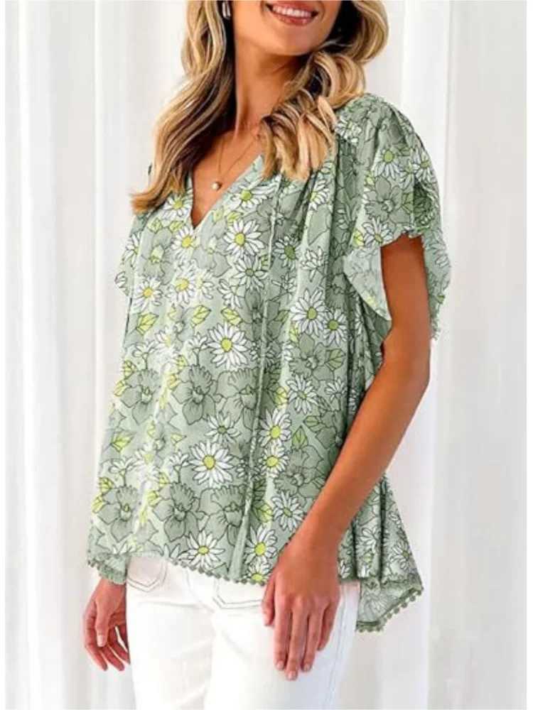 Camicette da donna magliette da donna camicette in stile estivo camicette lady casual cornio corti slve golfele collare camicette stampate tops y240426