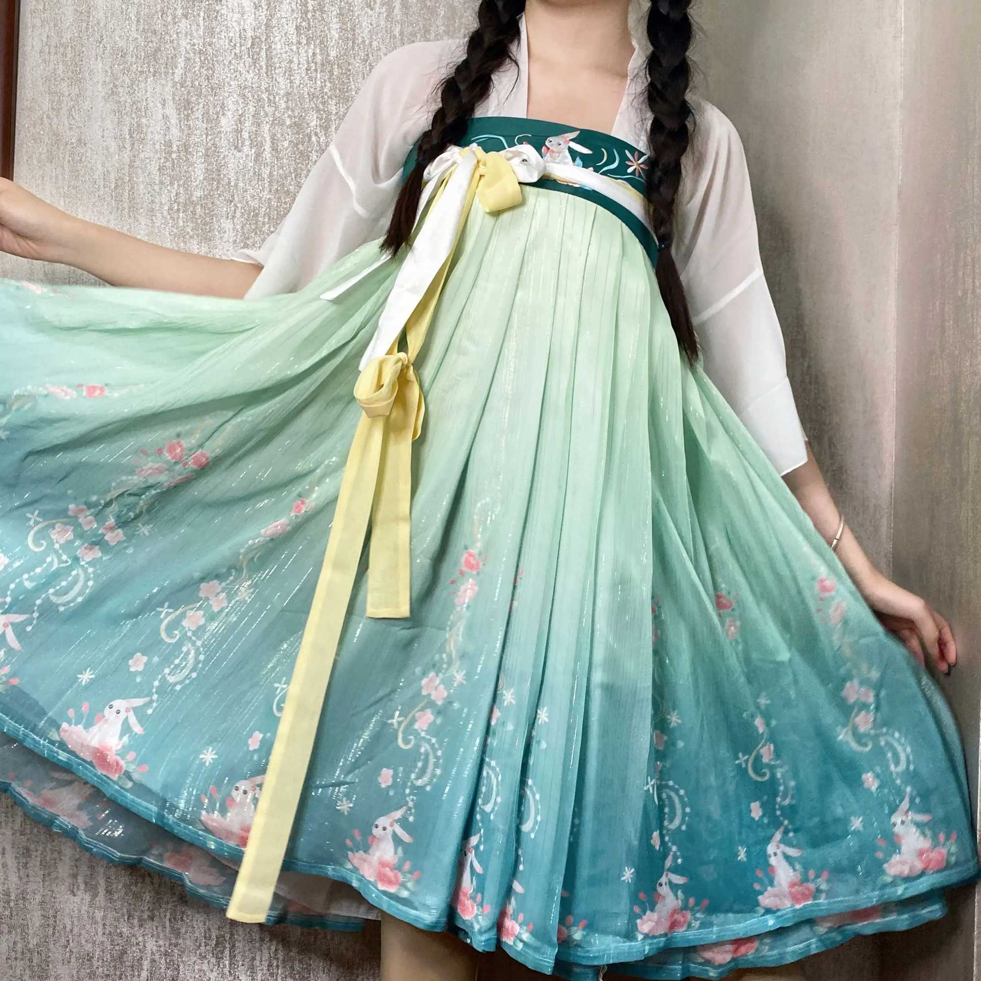 Etnische kleding vrouwen Hanfu konijn borduurwerk rood lolita kostuum lange mouw ruche schattige cottagecore stijl jurk gradiënt kleur zomer