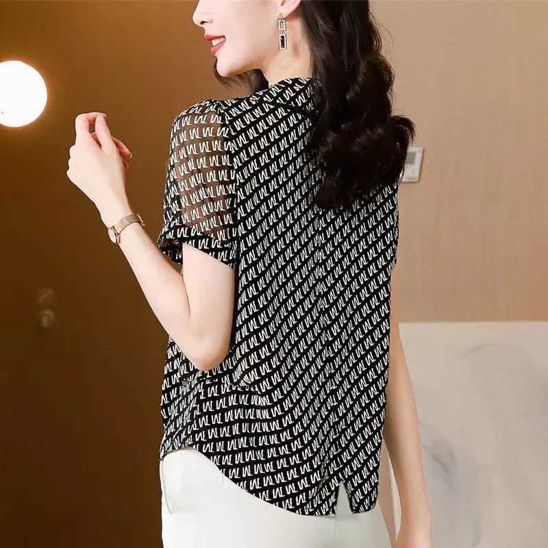 Women's Blouses Shirts Women Summer Style Blouses Shirts Lady Casual Short Slve Peter Pan Collar Letter Printed Blusas Tops WY1021 Y240426