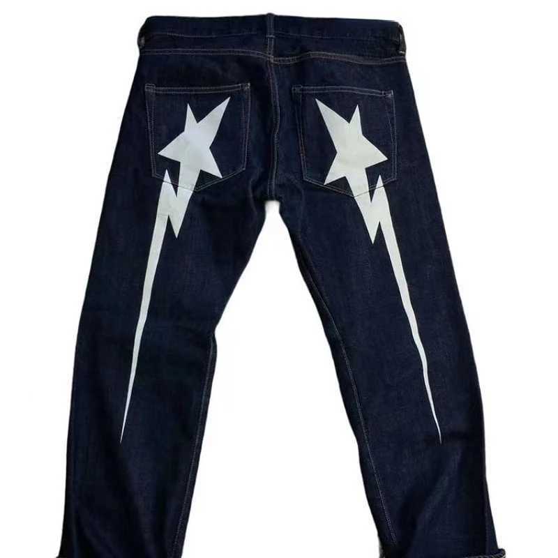 Jeans féminins y2k harajuku rétro 2023 Nouveau motif de foudre imprimé pour hommes imprimés hip hop strt usure large jambe lâche h240429