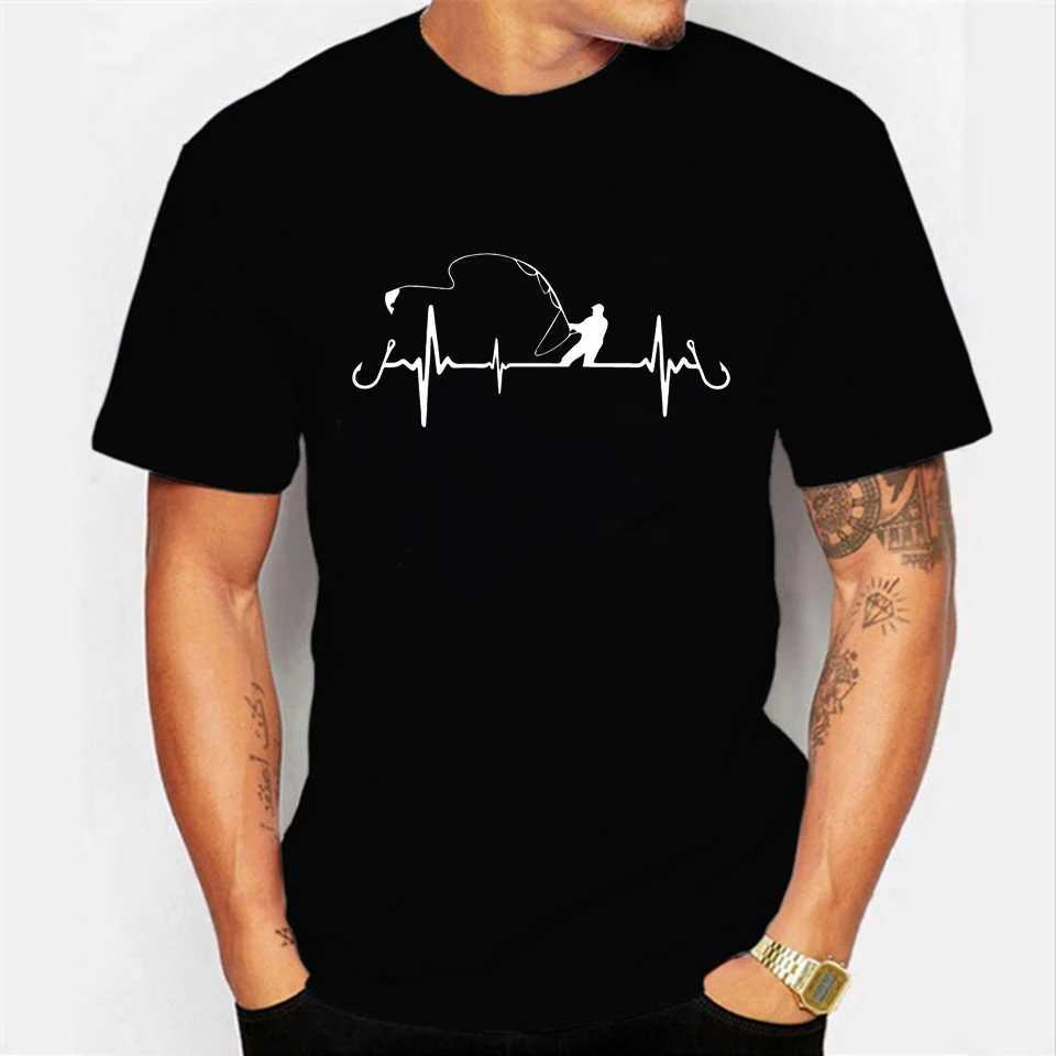 Men's T-Shirts 100% Cotton Funny T-Shirt Fishing Heartbeat Male Vintage Graphic Tshirt Men Novelty Strtwear T Shirt Men Homme Mens Clothes Y240429