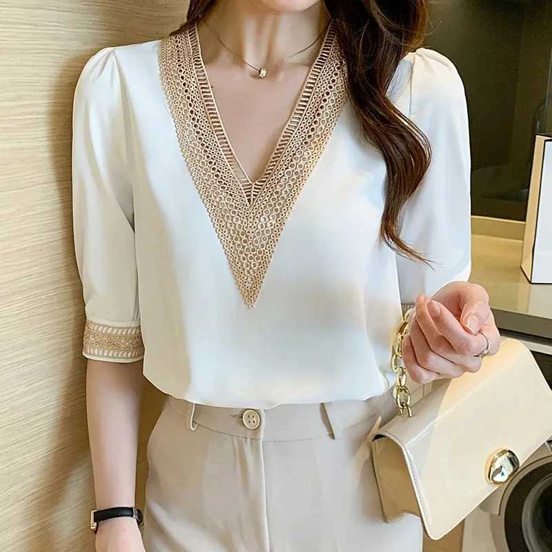 Damenblusen Hemden Chiffon Bluse für Frauen V-Ausschnitt Hollow Out Tops Halb Slve White Shirts Frauen Mode neuer Sommer 13367 Y240426