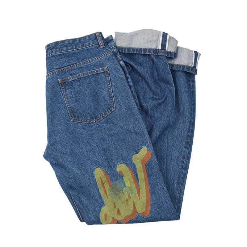 Kvinnors jeans kreativa brev jeans amerikansk retro nödställda tvättade nationella trendpar med hög midja lösa raka breda benbyxor H240429