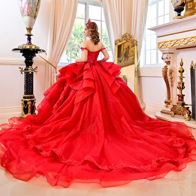 Abiti da ballo di pizzo messicano rosso lucido abiti da ballo in pizzo dolce 16 vestito Princess Lace Up Vestitido de 15 Anos