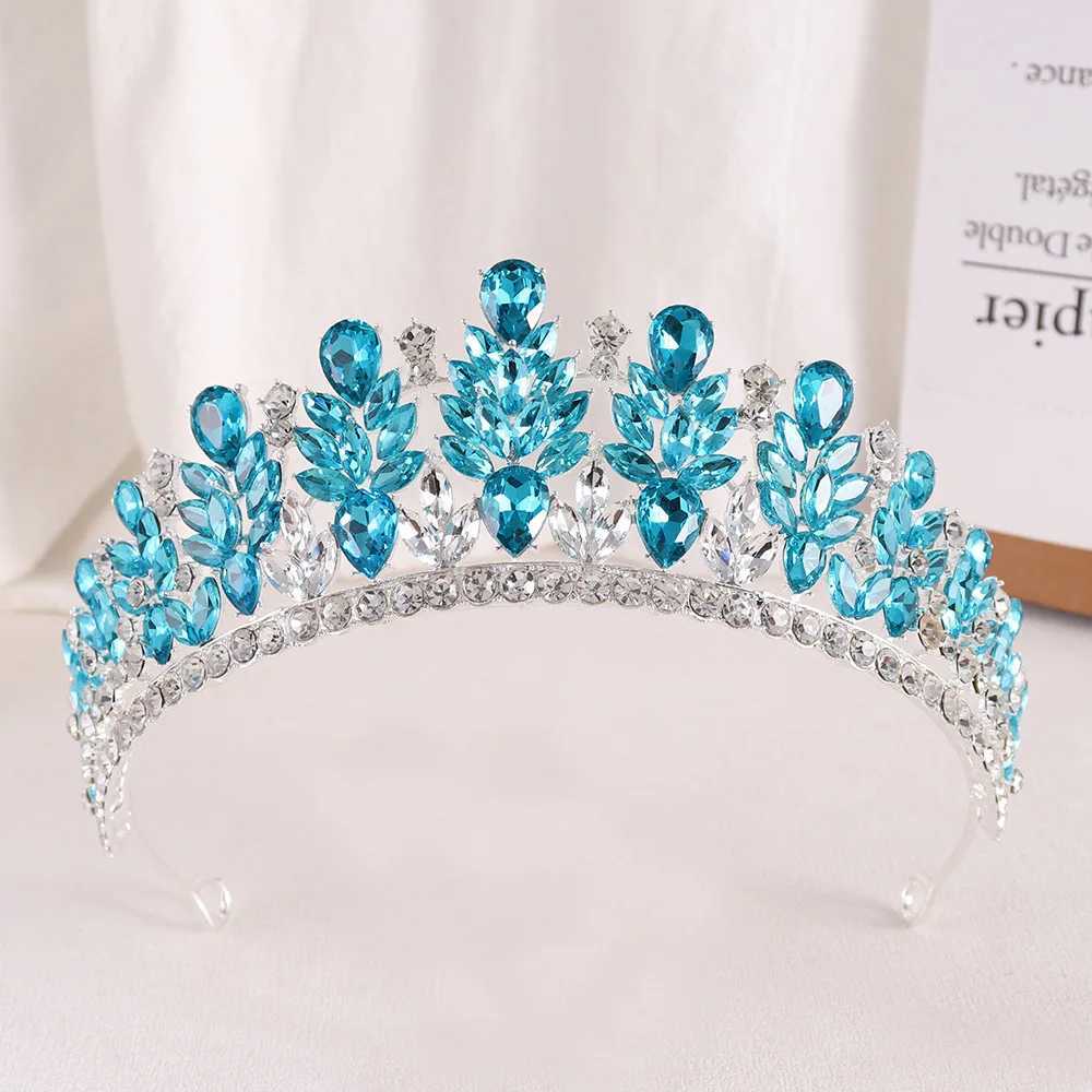 Tiaras Koreański luksus 16 kolorów niebo niebieski kryształowy koronę nowożeńca 2023 nowa elegancka królowa tiary dziewczęta sukienki ślubne opaski na głowę