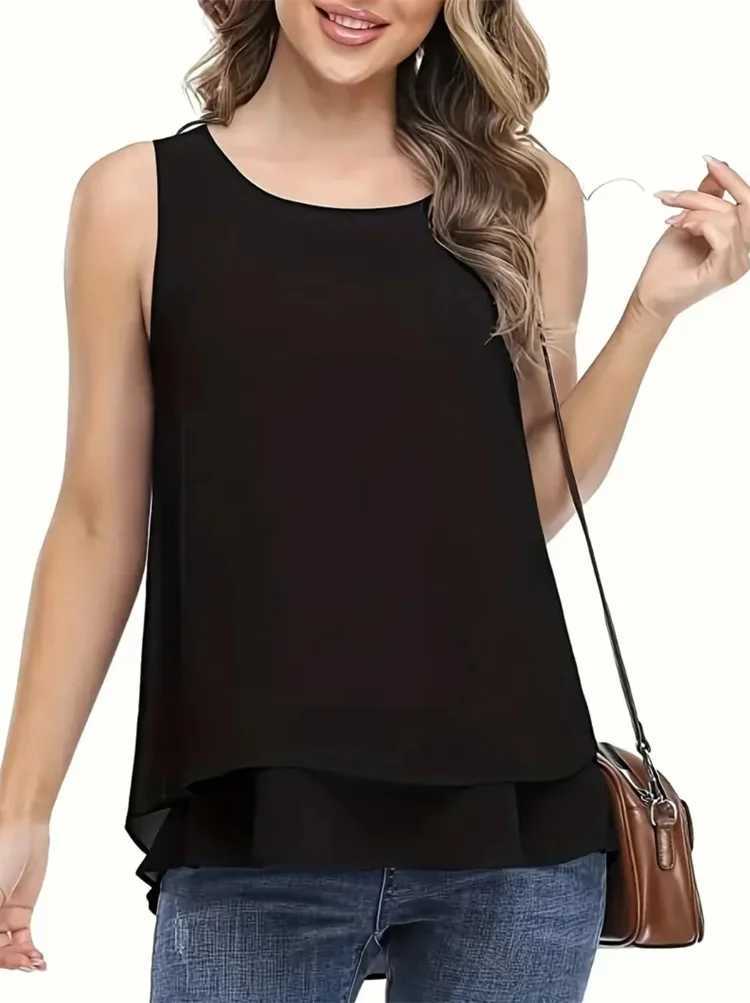 Blouzen voor vrouwen shirts vrouwen zomer eenvoudige stijl chiffon blouses shirts dame casual sluleloze o-neck massieve kleur dubbele laag tanktop y240426