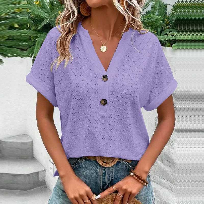 Women's Blouses Shirts 2023 New Womens Shirt Casual Jacquard Button V-neck Solid Loose Shirt Summer Short Sleve Extra Large Top Womens Y240426