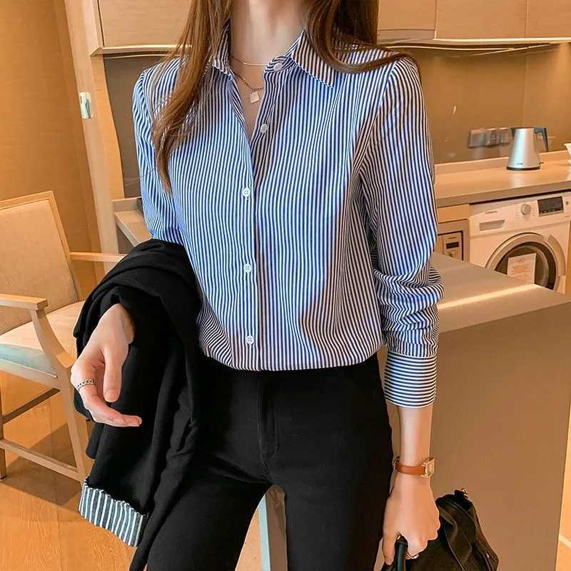 Women's Blouses Shirts Women Spring Summer Blouses Shirts Lady Fashion Casual Long Slve Turn-down Blue Stripes Blusas Tops WY0304 Y240426