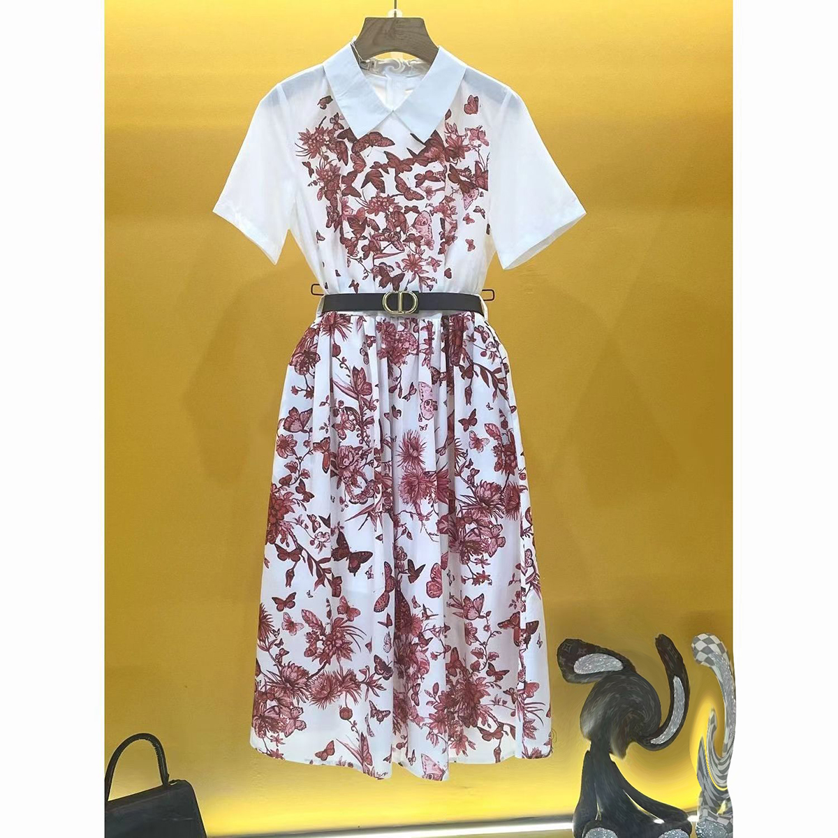 COUTURIER Casualna sukienka letnia moda 100% bawełniana sukienka koszulka A-line spódnica świeże słodkie białe pół-otwartą kołnierz motyl krótki rękaw