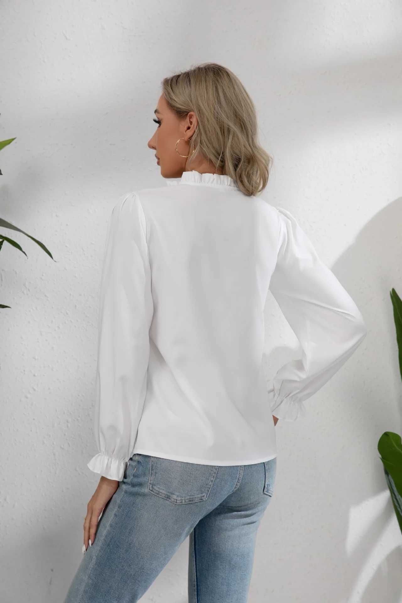 Women's Blouses Shirts Cotton V-neck Long Slve Shirt White Lace Office Tops And Blouses Women 2024 Autumn New Petite XS Size Top Femme Shirts Blouse Y240426