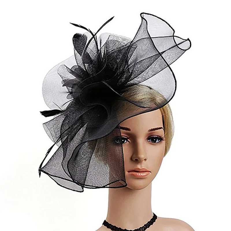 Breite Krempelnhüte Eimerhüte Hochqualität Frauen Mesh Feather Fascinator Hats Ladies Kenucky Derby Hochzeit Cocktail Party Hüte elegantes Stirnband Haarband Y240426