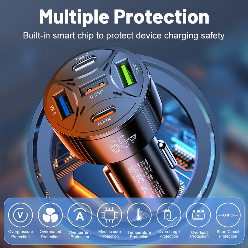 TE-P50 65W Fast Charging Car Charger 5 Charging Ports Multiple Protection Material Portable Universal Car Phone Chargers