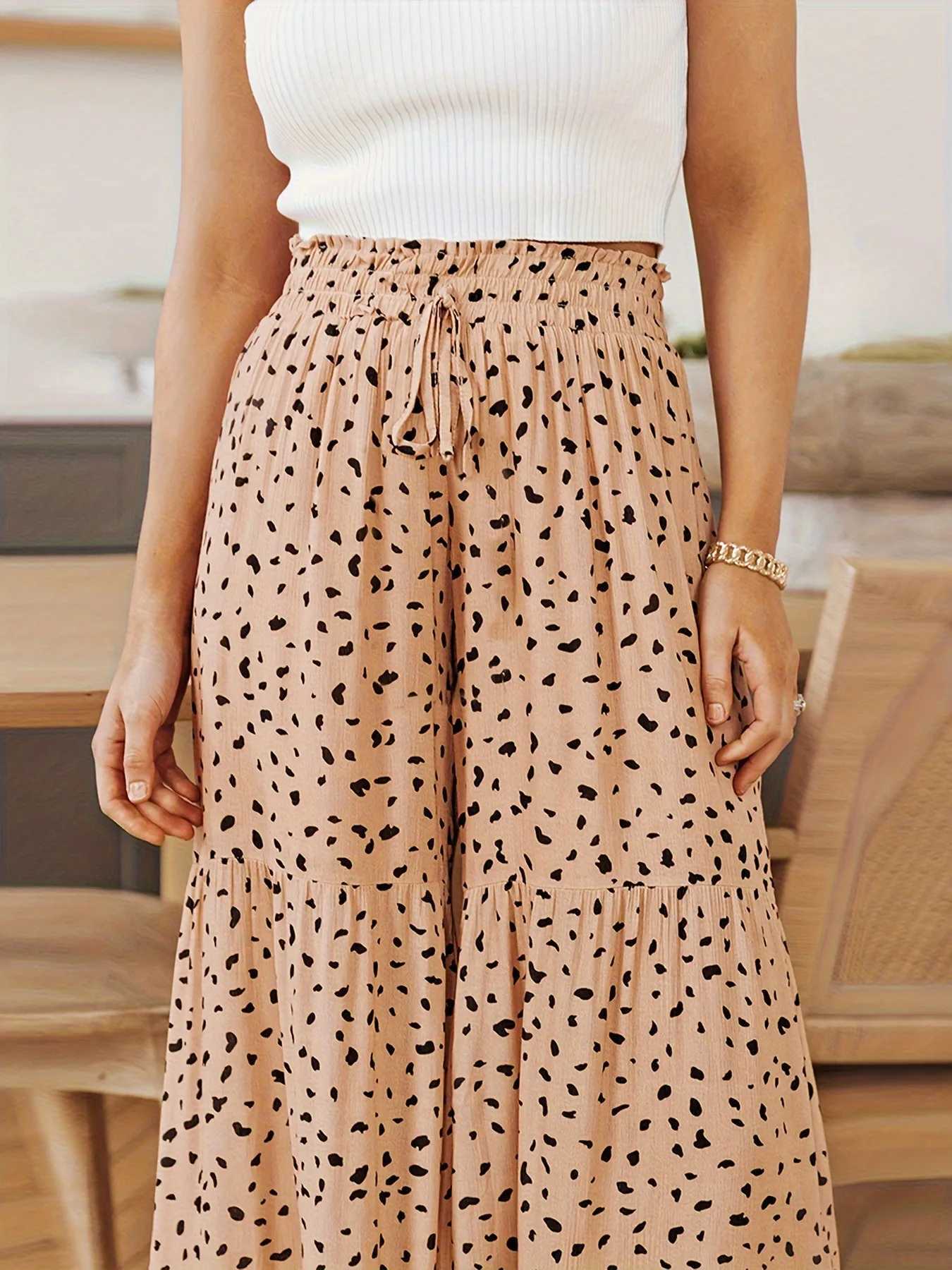 Spodnie damskie Capris Leopard Print szerokie nogi Eleganckie szczotkowane luźne spodnie w wysokim poziomie odpowiednim na wiosenne i letnie damskie odzież Y240429