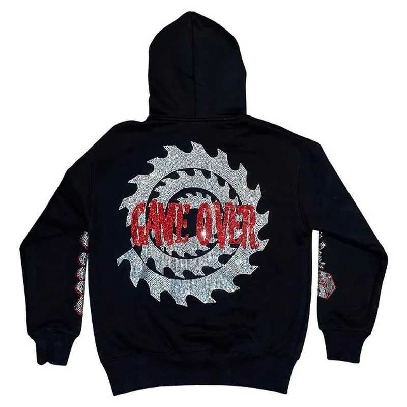 Erkek Hoodies Sweatshirtler Büyük Promosyon Avrupa ve Sonbahar/Kış Erkekleri Gotik Hip Hop Sıcak Elmas Mektup Kapşonlu Talif Tam Zincir Gevşek Ceket H240429