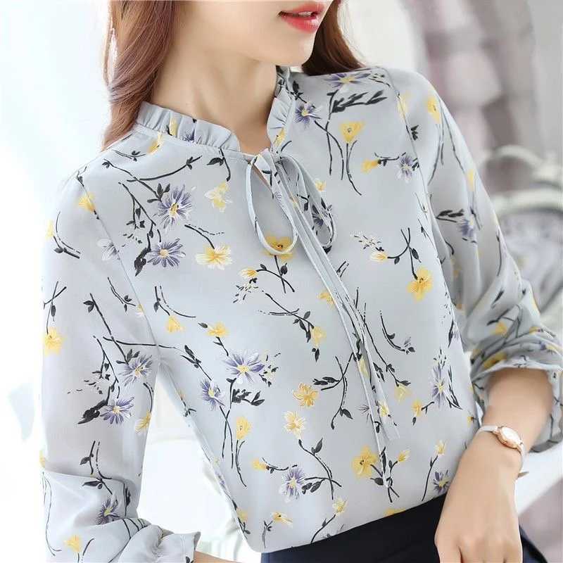 Women's Blouses Shirts Women Spring Autumn Style Chiffon Blouses Shirts Lady Casual Long Slve Bow Tie Collar Flower Printed Blusas Tops WY1010 Y240426