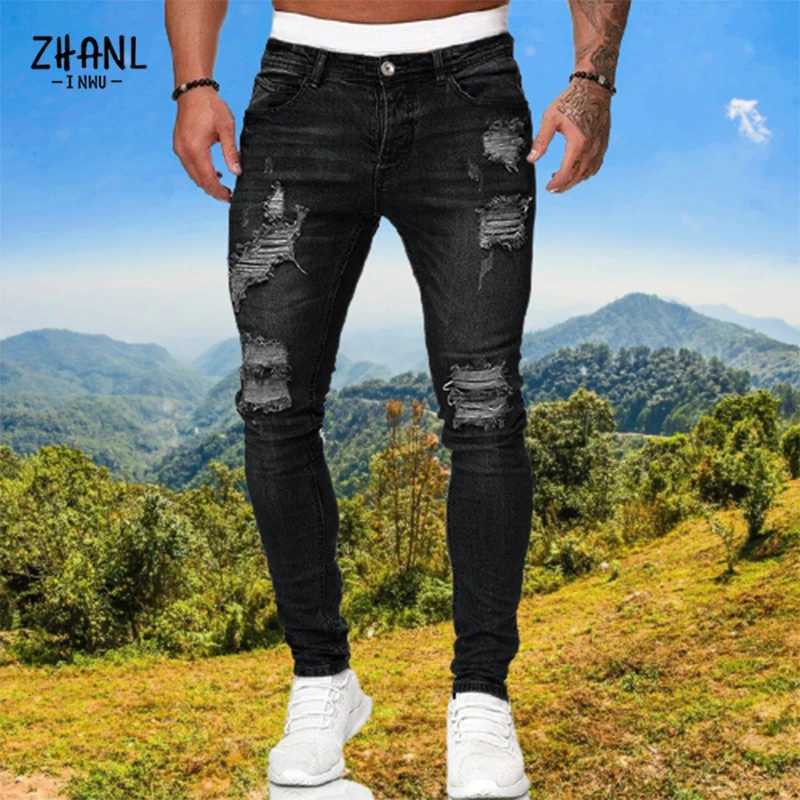 Jeans masculins décontracté jeans Business ultra-mince pantalon de crayon élastique saisonnier Street Torn Running Q240427