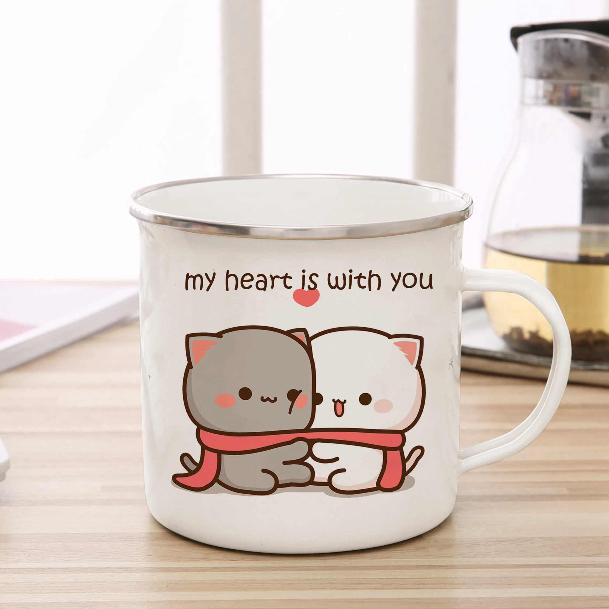 Tazas nuevas de durazno y goma gato copa de café taza de té de té lindo animal desayuno de animal copa de leche pareja regalo j240428