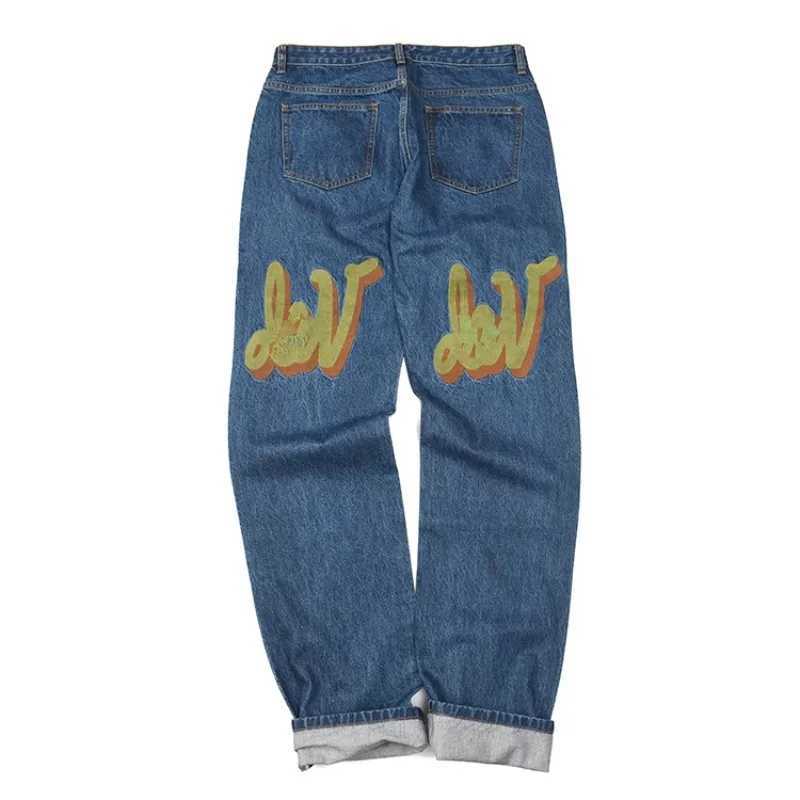 Kvinnors jeans kreativa brev jeans amerikansk retro nödställda tvättade nationella trendpar med hög midja lösa raka breda benbyxor H240429