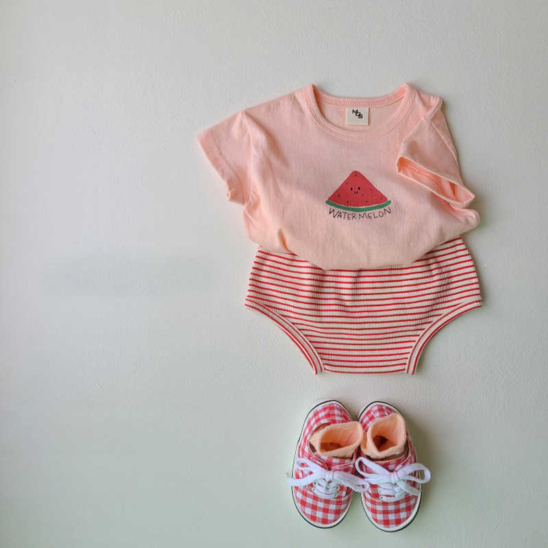 Instagram Baby Coreano Baby Summer Fruit Set corto de manga corta Capada de camiseta de algodón linda Pantalones cortos Conjunto de dos piezas