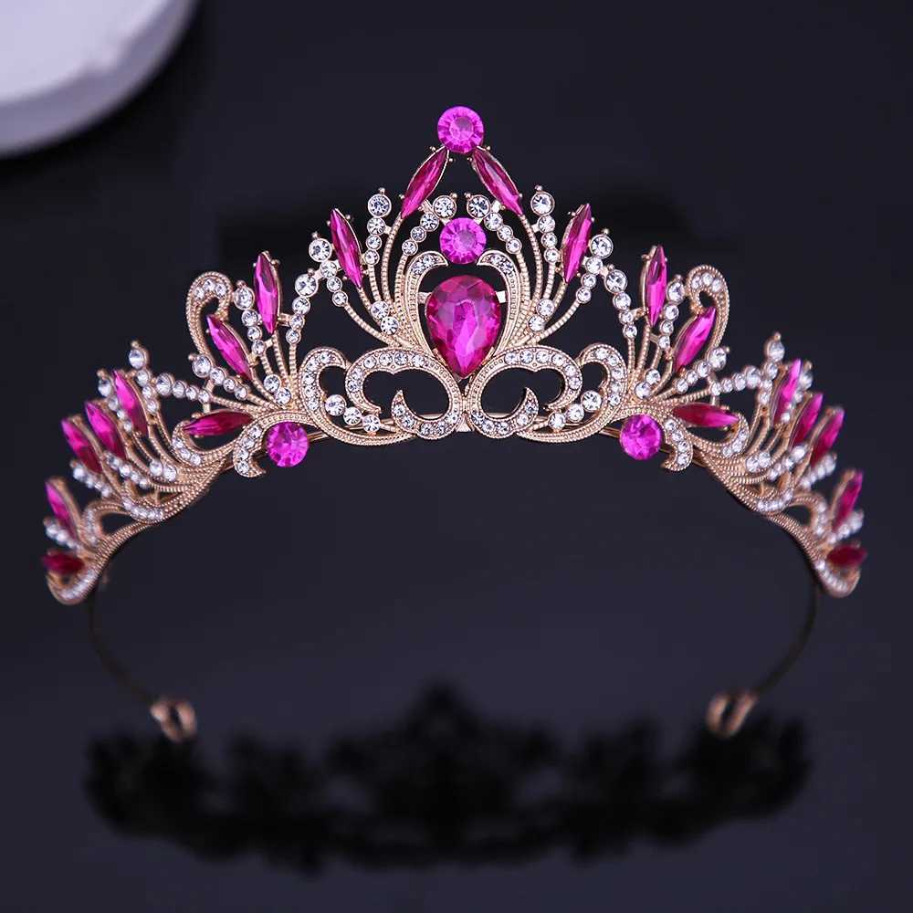 Tiaras Elegant Korean AB Pink Red Crystal Tiara Crown Women Girls Party Wedding Princess Rhinestone Bridal Crown Hair Jewelry