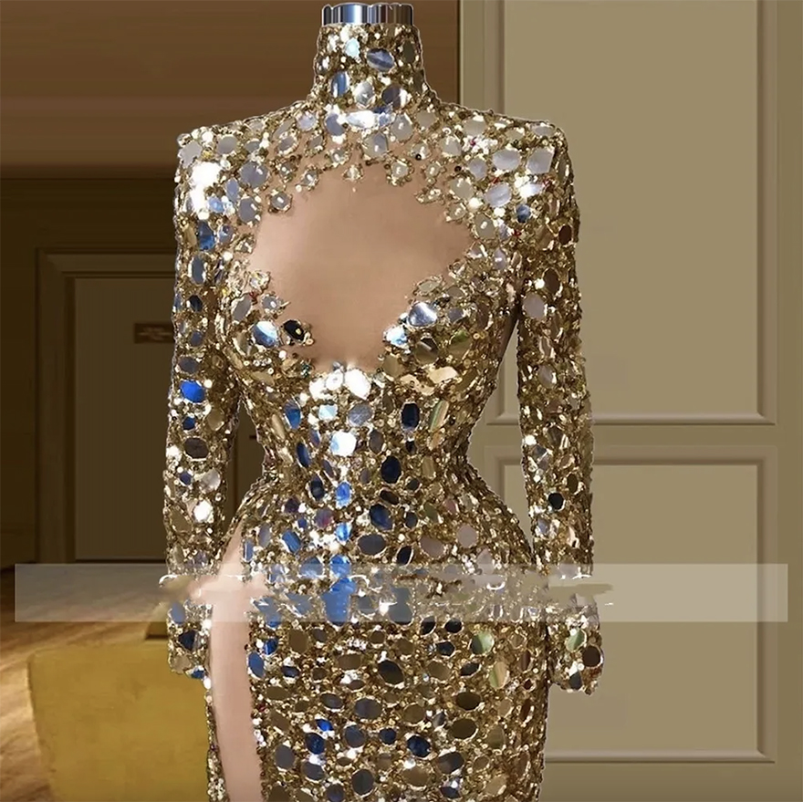 Sparkly Gold Sequins Mermaid Evening Dresses 2024 High Neck Keyhole Neck Long Sleeves Beaded Sexy Side Slit Formal Prom Pageant Gowns