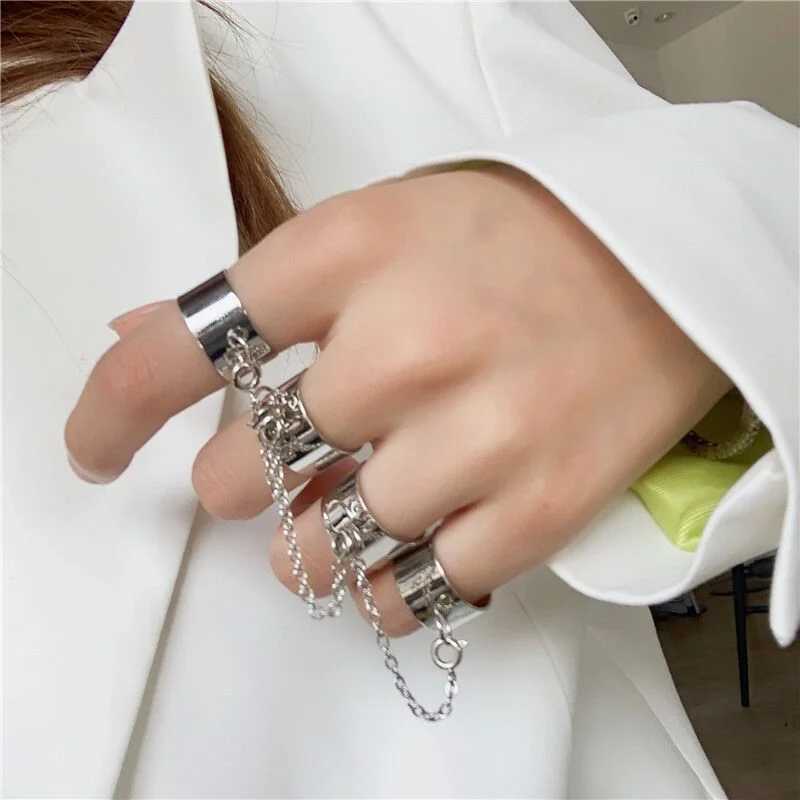 Kedja punk geometrisk silver färgkedja handledsarmband för män kvinna ring charm armband set mode smycken gåvor pulsera mujer