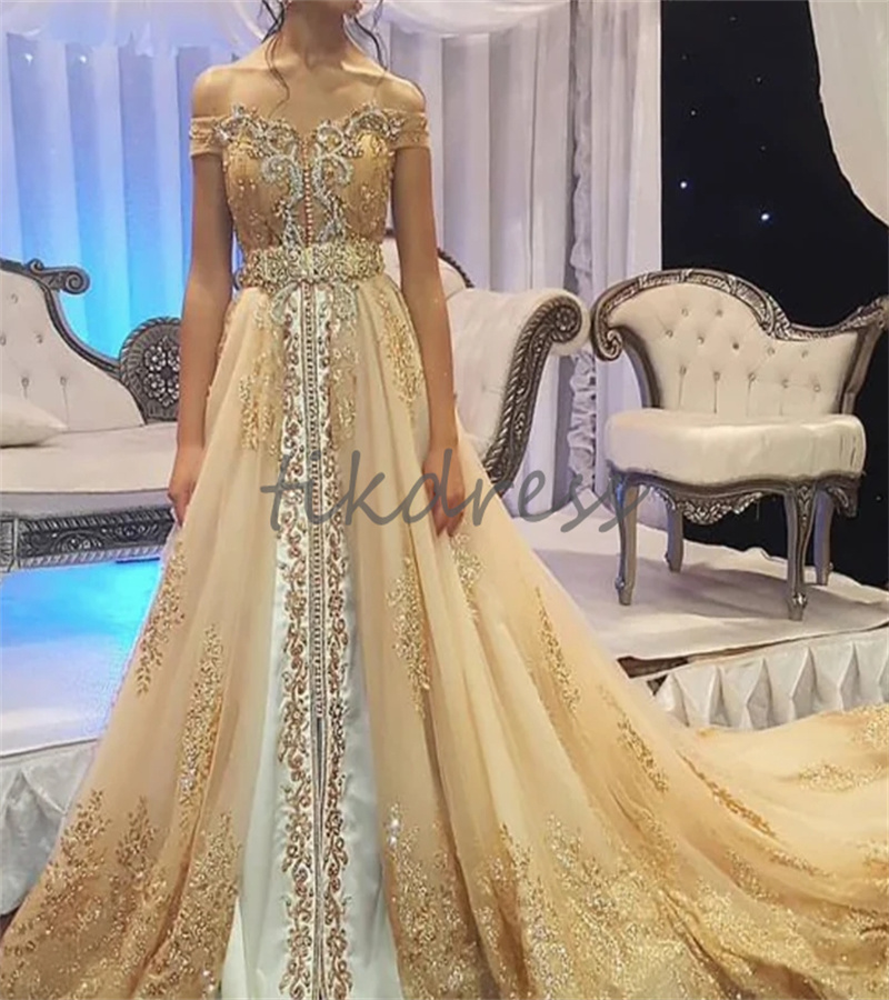 Luxus Gold Marokkanische Kaftan Abendkleid 2024 elegante Offer -Schultern Abaya Indian Arabisches Abschluss