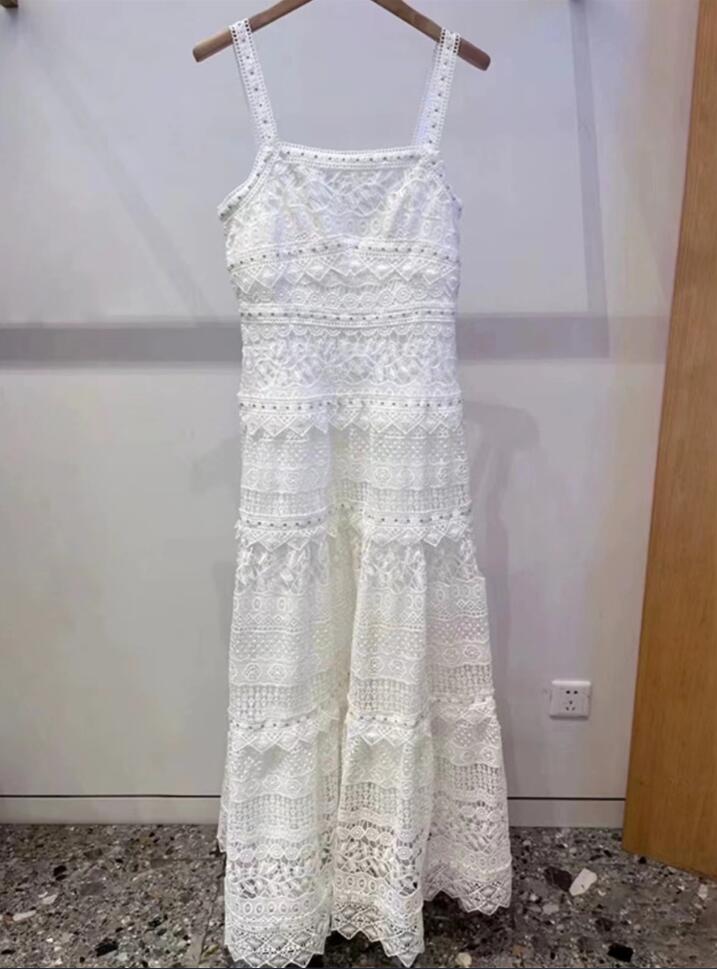 Elegant 2024 Nieuwe witte vakantie Maine stijl kanten haakbloemhangband lange jurk