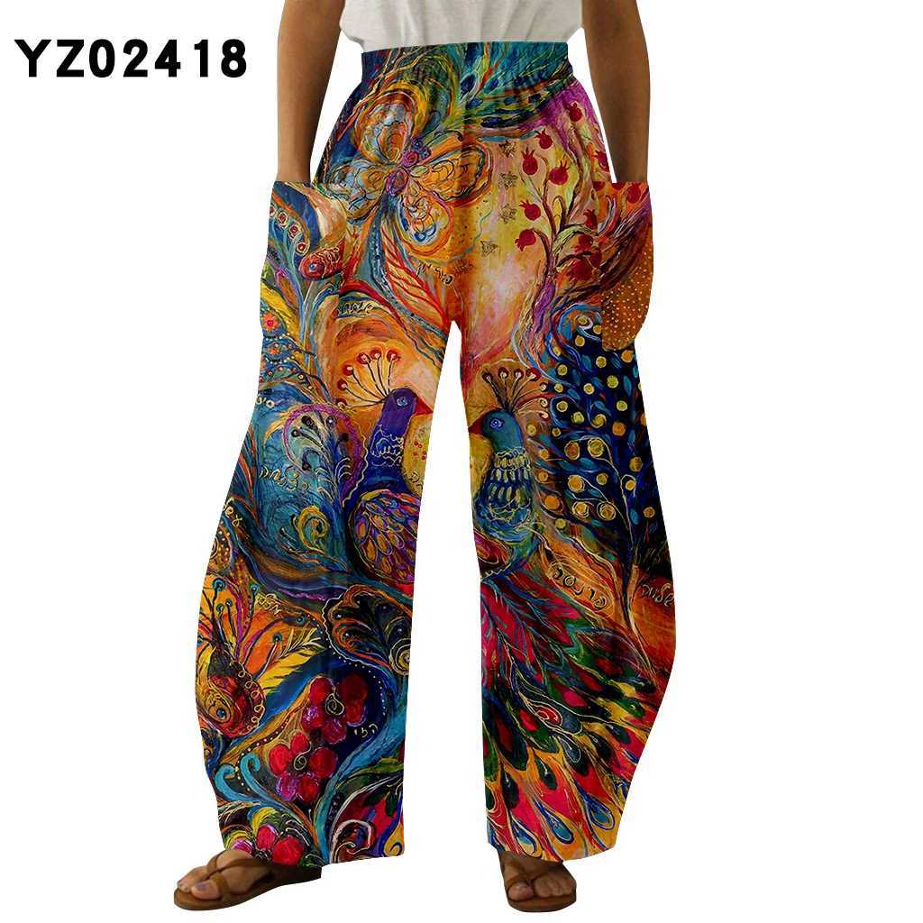 Women's Pants Capris Peacock Feather Wide Leg Pants 3D Print Fashion Summer Strtwear Sweatpants Women Clothing Chic Pocket Loose Trouser Elegant Y240429