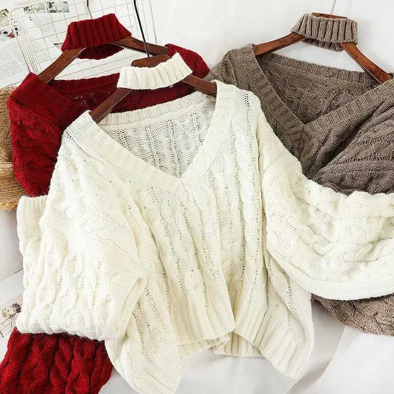 Women's Sweaters Neoe Winter Twist Pull Sweater Womens Knitted Long sleeved V-neck Crop Sweater Top Korean Y2K Sling Jumper Pull WomensL2404