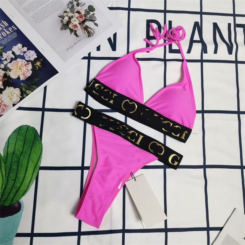 Dames halter nek logo letter brief verbonden bh en korte bikini suit split 2 -delige badkleding smlxl