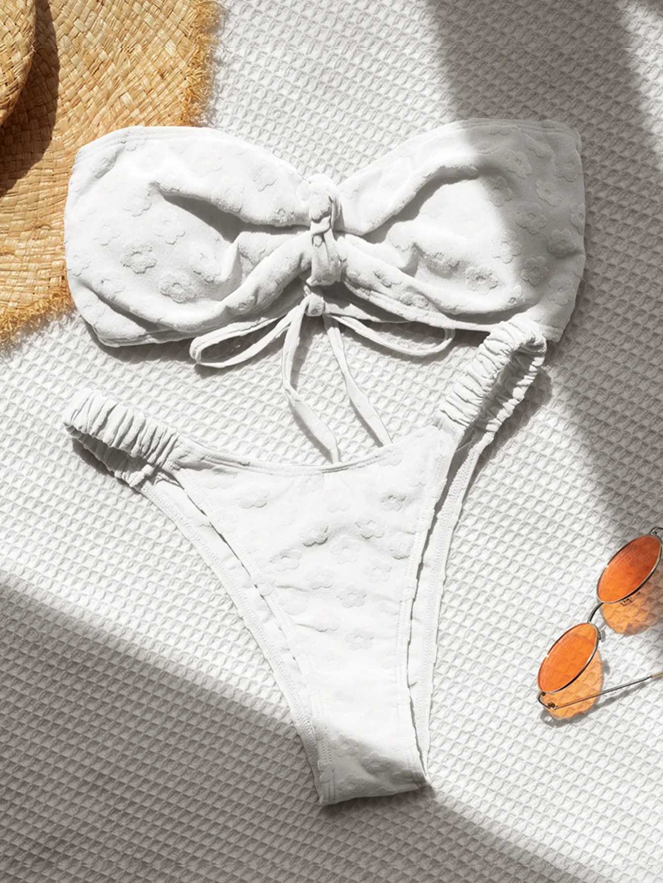Kobiety stroje kąpielowe seksowne Bandeau bikini 2024 Kobiety z przodu krawat pomarańczowy biały pchnięcie mikro kąciki Brazylijski wycięcie kostium kąpielowy plate -stroje kąpielowe Y240429