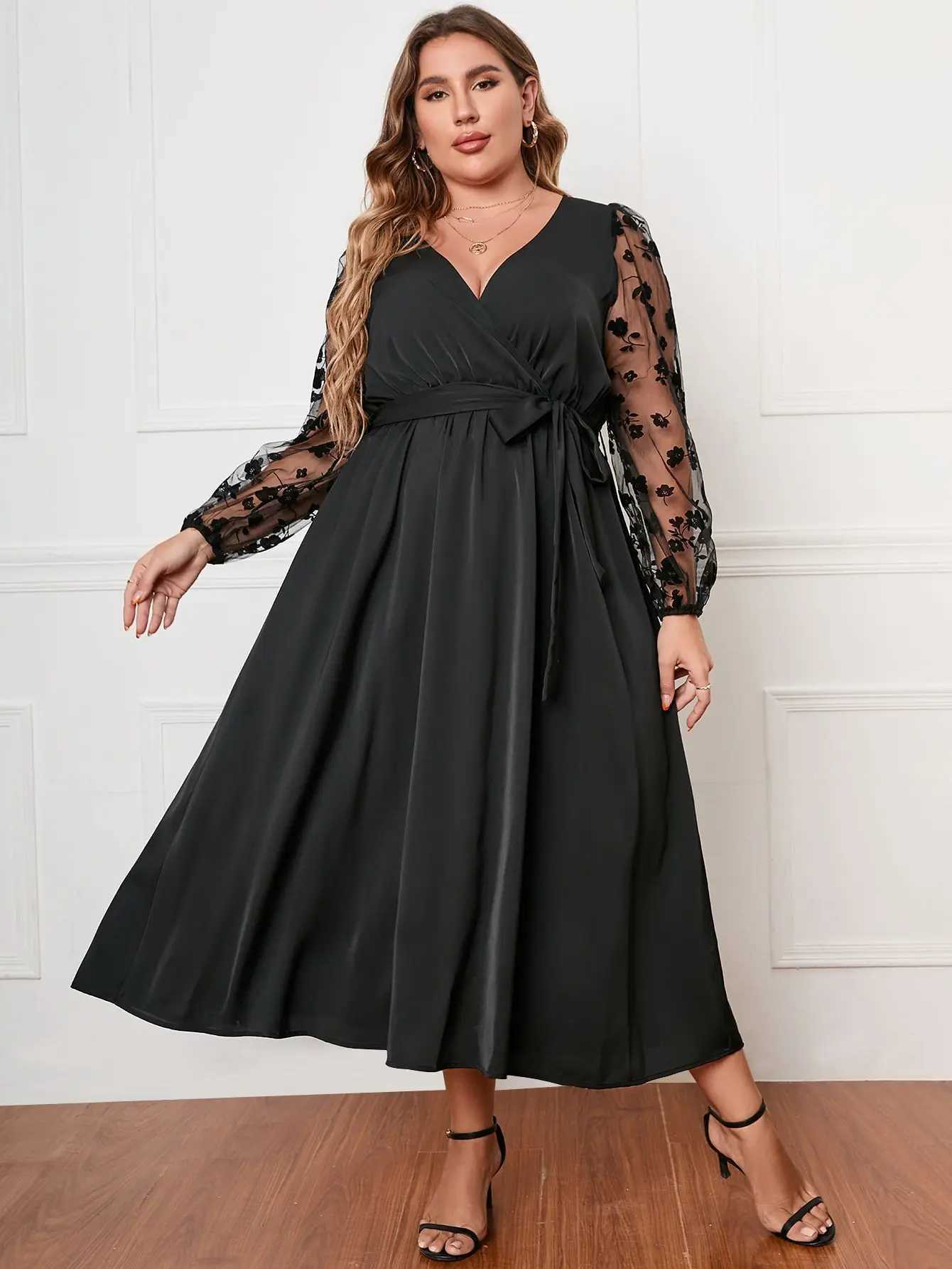 Temel gündelik elbiseler artı beden kadınlar elbise dantel v boyun çiçek örgü ekleme uzun slve beled bel akışlı gevşek kokteyl parti elbisesi siyah elbise y240429