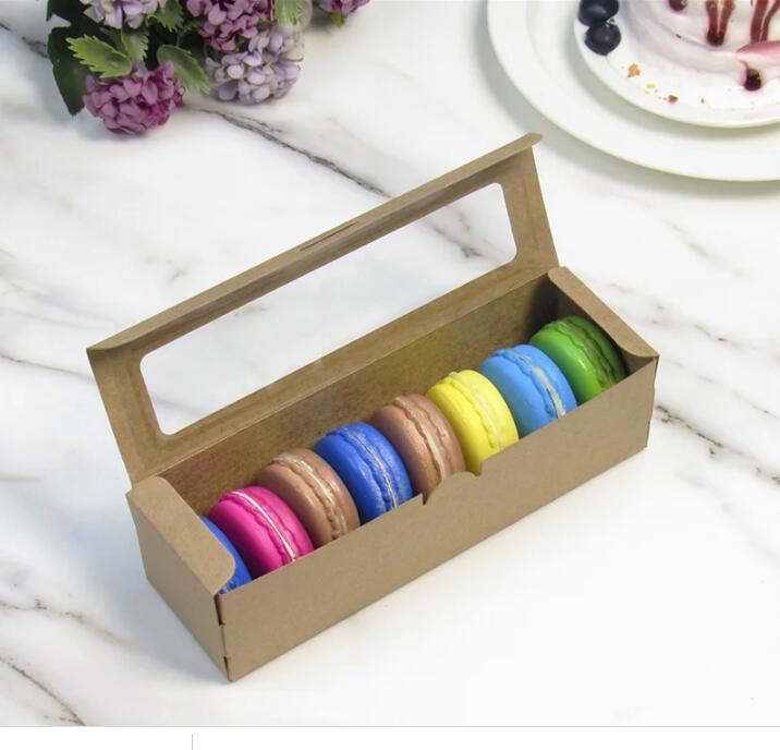 18.5x5.5x5cm Macaron PVC -dozen met Clear Window Paper Packaging Box Cookie Containers voor Home Dessert Shop Kraft Paper