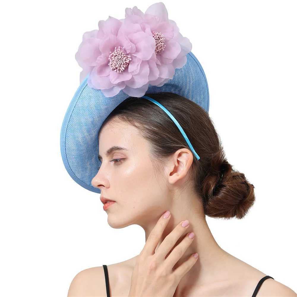 Chapéus de aba larga Chapéus de balde Mulheres fantasia Big Derby Hat Millinery Fascinators com Flores Chapéus Acessórios Ladies Cabeça da cabeça Moda Fedora Y240426